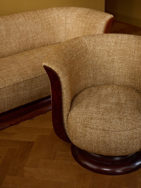 Sofá y sillones del Hôtel Le Malandre años 30, Sofás de 2 plazas, Madera, Lana, Marrón, Art Deco (foto 4 de 5)