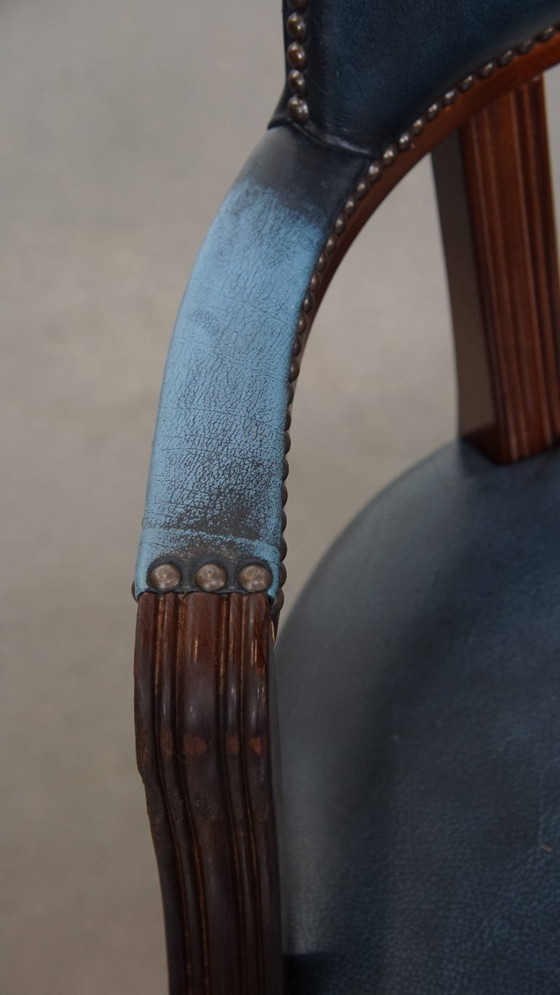 Image 1 of Blue cowhide leather and wood chesterfield office chair in English style