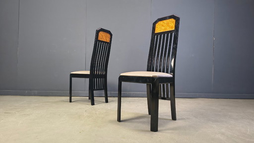 Chaises de salle à manger vintage en loupe de bois et laque, années 1980