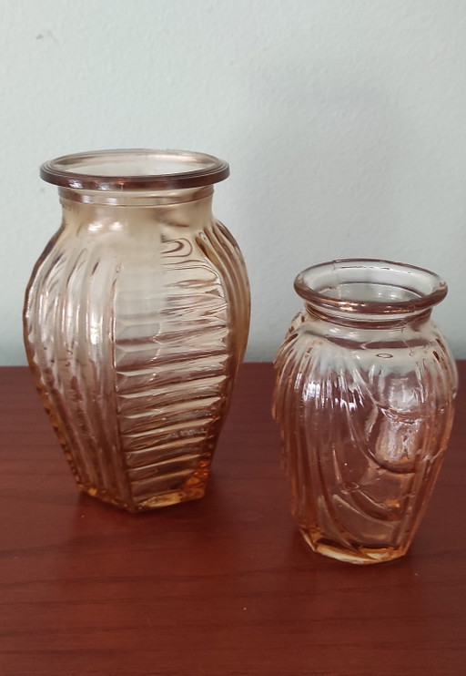Set of 2 Vintage Art Deco Vases – Rosaline Pressed Glass – France, 1930s