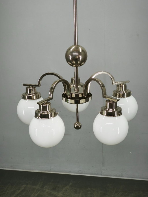 Art Deco Five-Light Chrome Chandelier, Czechoslovakia, 1930s