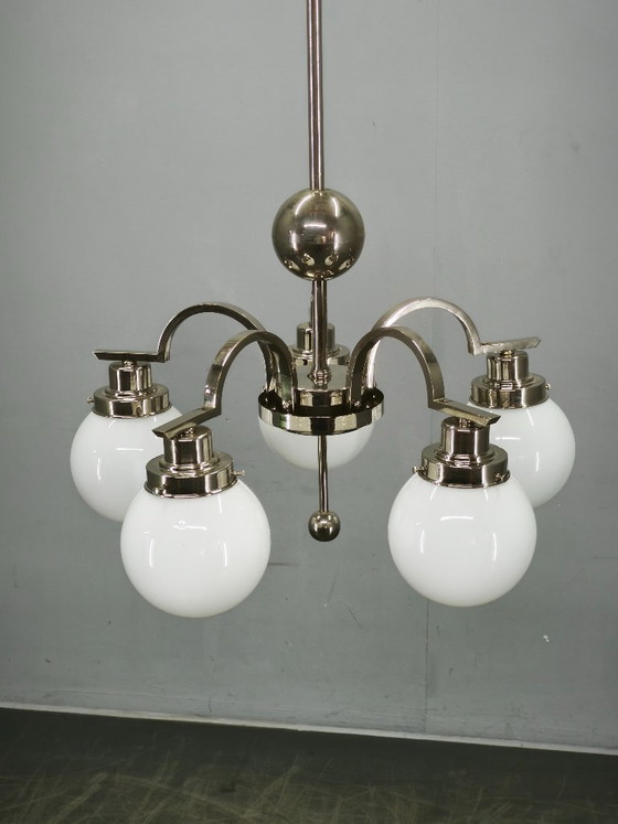 Image 1 of Art Deco Five-Light Chrome Chandelier, Czechoslovakia, 1930s