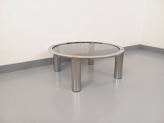 Image 1 of Table Basse Ronde Vintage en Verre Fumé et Métal Chromé des Années 70