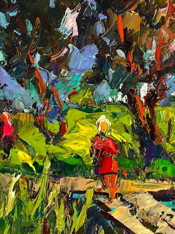 Image 1 of Dipinto ad olio originale: Paesaggio rurale, passeggiata lungo un sentiero di legno.