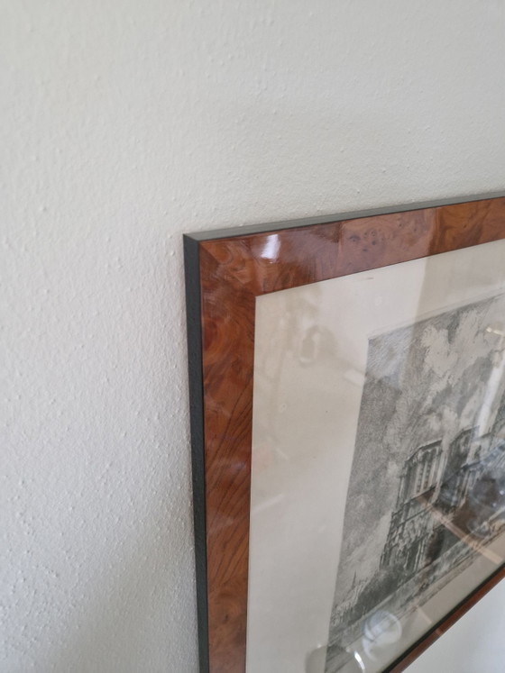 Louis Orr Etching "Notre Dame" in noble burl wood frame, Wall decoration, Plexiglass, Paper, Brown (photo 3 of 6)