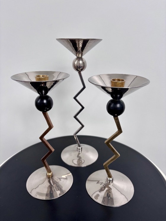 Image 1 of Set of three Zig-Zag vintage candle holders | Italy | 80s Memphis Milano inspired, postmodern Italian Design, Metal