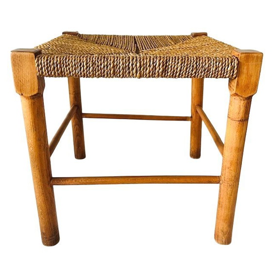 Image 1 of Vintage mid-century deens design houten kruk met touw zitting 1960's