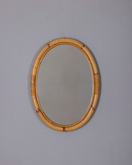 Vintage 1960s Italian Design Oval Bamboo Wall Mirror – spiegels