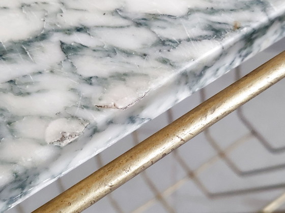 Image 1 of Vintage 1950s Brass & Marble Rolling Magazine Rack Side Table