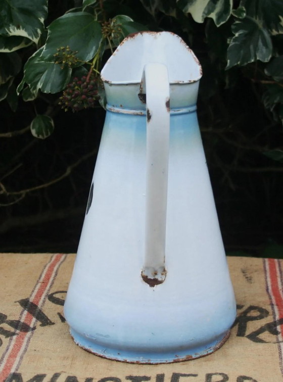 Image 1 of Antique French Hand-Painted Enamel Water Pitcher, Floral Cyclamen Jug, Blue Rim Farmhouse Vase, Rustic Country Decor