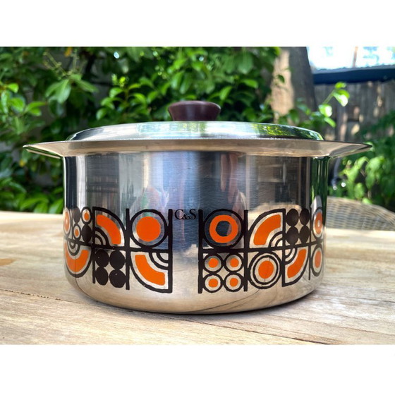 Image 1 of Pentole in acciaio inox C&S di Francia, smaltate arancioni e marroni, vintage anni '70.