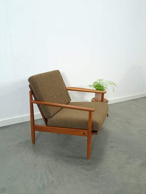 Teak Scandinavian armchair with brown fabric cushions, chair 2