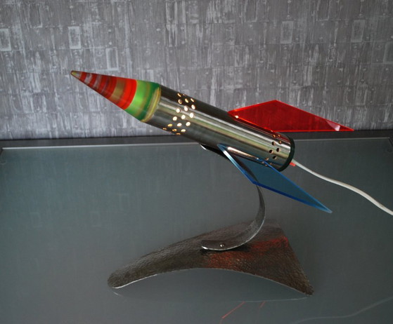 Image 1 of Rocket lamp, Red Yellow Blue made of stainless steel 1970s Space age, handmade