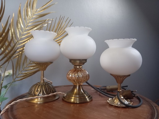 Trio of retro chic art deco style ambiance lamps, white opaline
