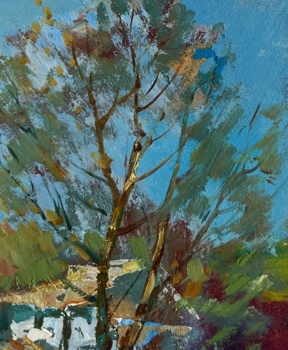 Image 1 of Origineel olieverfschilderij: Landschap bij een zomerhuisje in de schaduw van de bomen