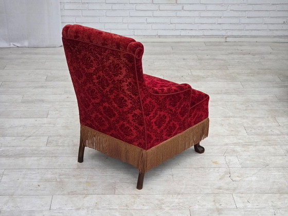 Anni '50, Poltrona vintage danese, velluto per mobili, legno di quercia., Poltrone, Rosso, Scandinavian (foto 10 di 15)