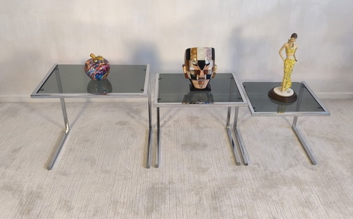 😍✨ Set of 3 vintage chrome and smoked glass nesting tables, Roche Bobois / Guy Lefèvre style – 1970s ✨😍