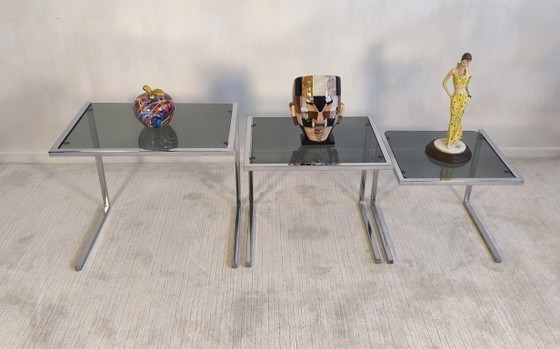 Image 1 of 😍✨ Set of 3 vintage chrome and smoked glass nesting tables, Roche Bobois / Guy Lefèvre style – 1970s ✨😍