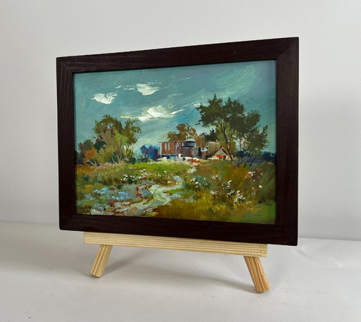 Origineel olieverfschilderij: Landschap met zomerhuisje - Rust op het platteland in de zomer