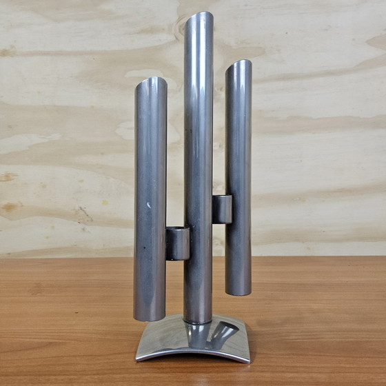 Image 1 of Vase/bougie moderniste en acier inoxydable, style vintage/ère spatiale, design italien (années 70), pour fleurs séchées.