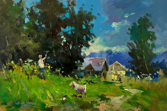 Image 1 of Original Oil Painting Summer Nature Landscape The village beyond the forest