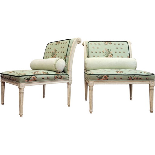 Pair of vintage armchairs in white wood and fabric for Pierre Frey, France 1910