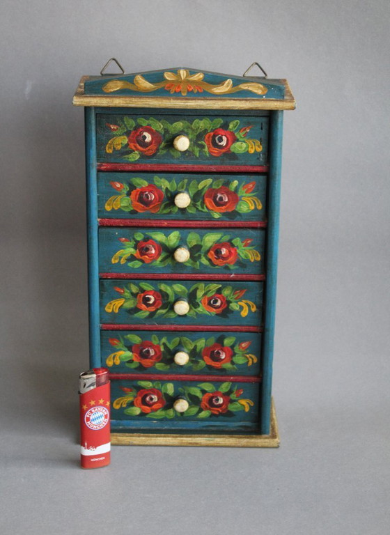 Image 1 of Jewelry cabinet, spice cabinet made of solid wood with drawers, hand-painted in a folk art style.