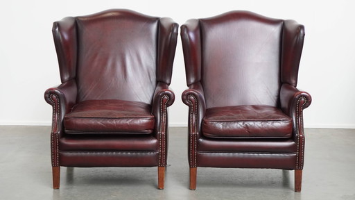 2x Bordeaux red cowhide leather ear chair + hocker in English style
