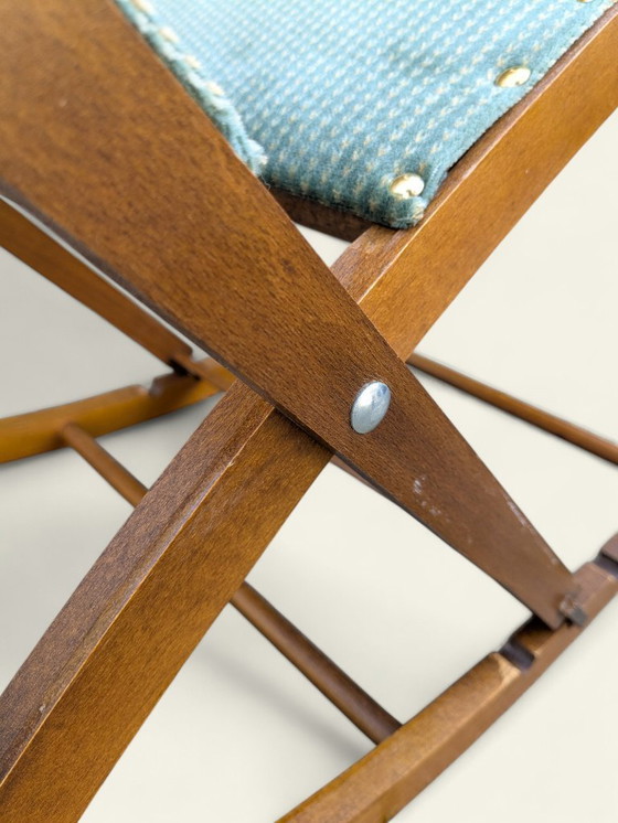 Image 1 of Repose-pieds vintage des années 60 - repose-pieds réglable en hauteur et recouvert d'un tissu à motifs turquoise