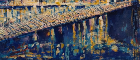 Image 1 of Contemporary acrylic painting, signed Zély. Brooklyn at dusk.