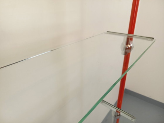 Image 1 of Modular Bauhaus-style vintage bookcase in red metal, chrome and glass from the 1970s