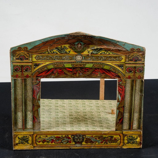 Scène de théâtre jouet vintage en papier et bois, début des années 1900