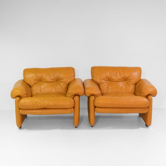 Image 1 of 3x Vintage Coronado Bruine Lederen Woonkamerset Tobia Scarpa Label C&B Italia