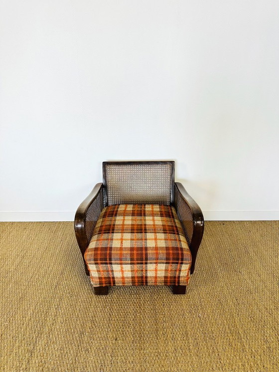 Image 1 of Vintage fauteuil van gebogen hout, rieten frame en geruite stof, 1960