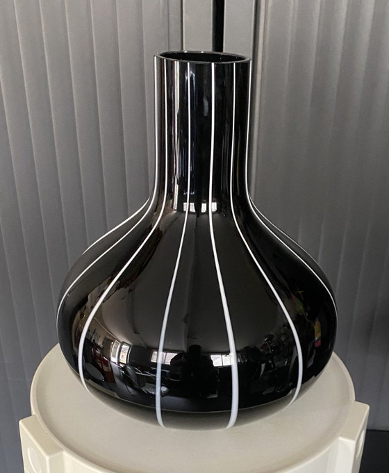 Vintage 1950s Black Glass Vase with White Trim (photo 16 of 16)