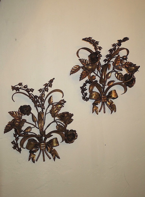 Image 1 of Pair of Gold Plated Wall Double Candleholders with Roses by Hans Kögl, 1960s