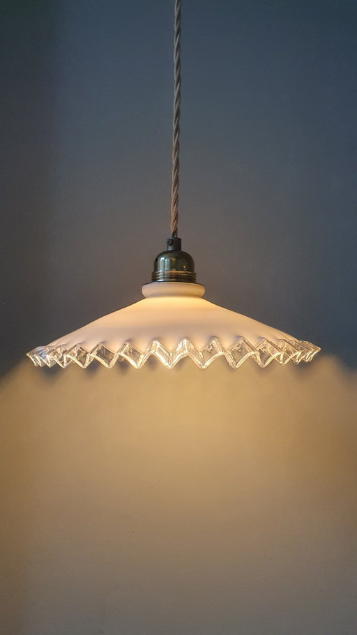 Vintage French PieCrust model Pendant lamp - White Opaline Glass