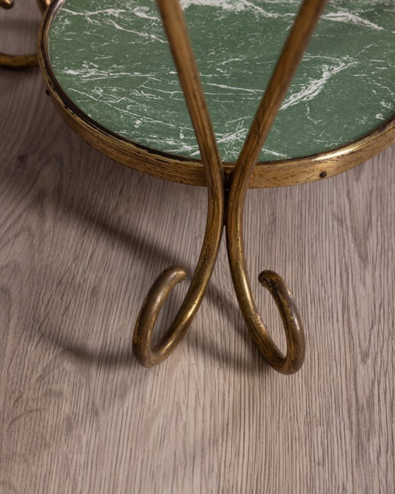 Vintage 1950s Italian-designed gold-plated brass and glass coffee table, Side tables, Green (photo 7 of 12)