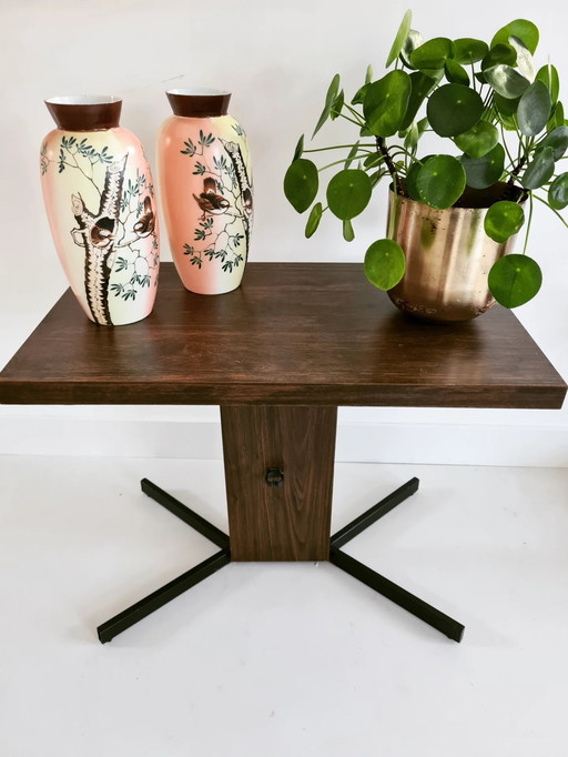 Side table seventies, wooden top with metal base