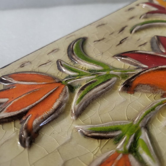 Image 1 of Cadre mural en céramique émaillée, fleurs et relief orange pop,BOITZENBURG, west germany, 1960-70 