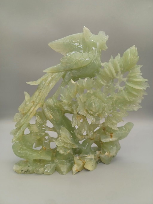 Ancienne sculpture chinoise en pierre serpentine verte jade fenghuang sculpté