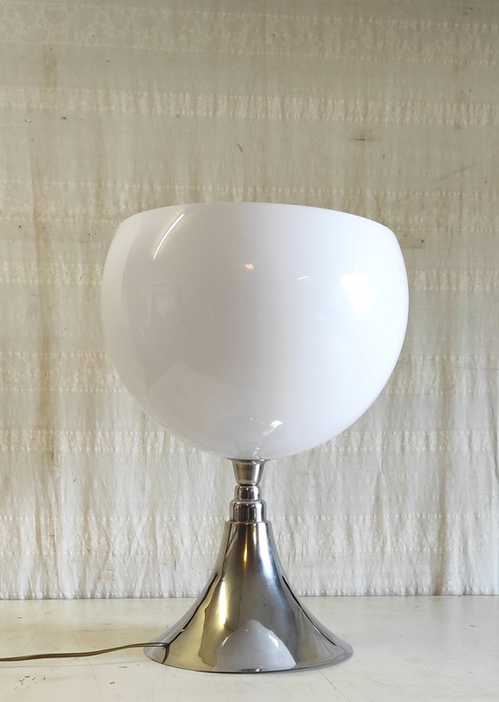 Image 1 of Designer table lamp in chromed metal and white globe - mid-20th century