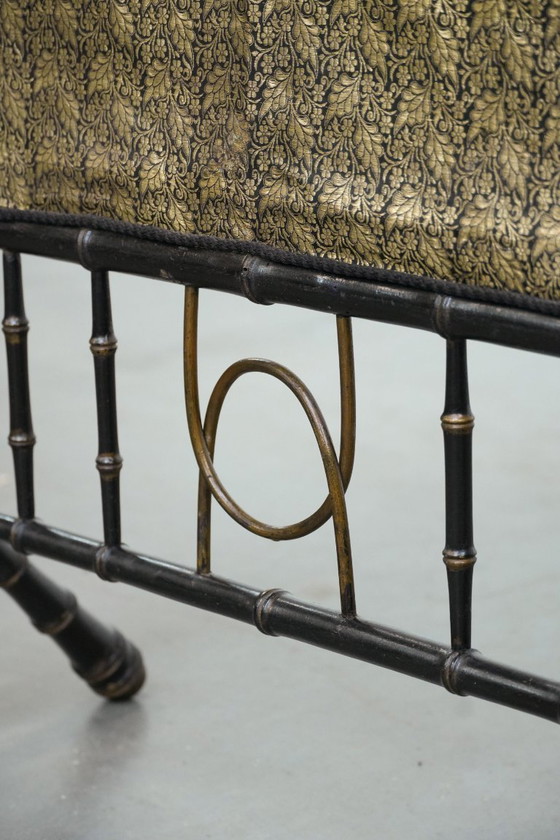 Image 1 of Antiek Frans faux bamboo haardscherm met een luxe stof