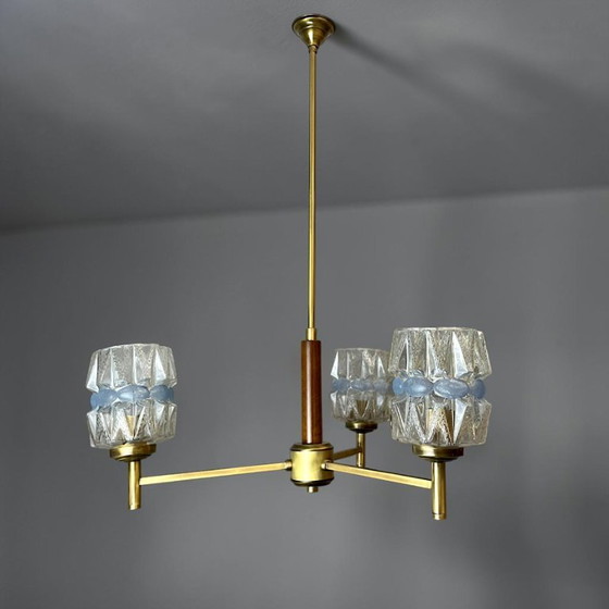 Mid Century Modern Three-Light Wood and Glass Modern Chandelier, 1960s (photo 4 of 15)