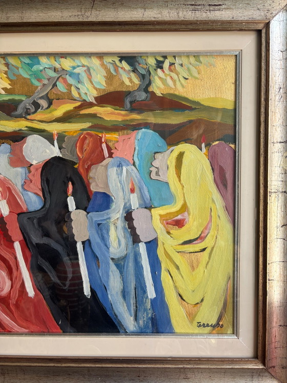 Ölgemälde auf Leinwand „Die Prozession“ von Saverio Terruso, 1970er Jahre – Gemälde & Zeichnungen, Canvas (photo 3 of 9)