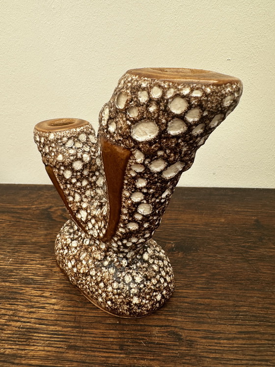 Image 1 of Vintage enamel and fat lava two-branch candle holder - attributed to Vallauris - Vintage