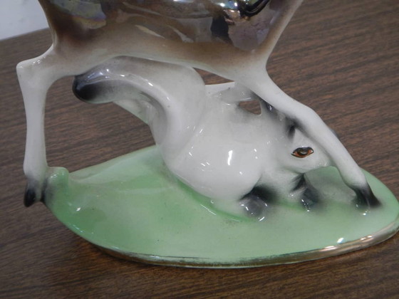 Image 1 of Small hand painted ceramic statue with deer and rabbit, Germany, 50s