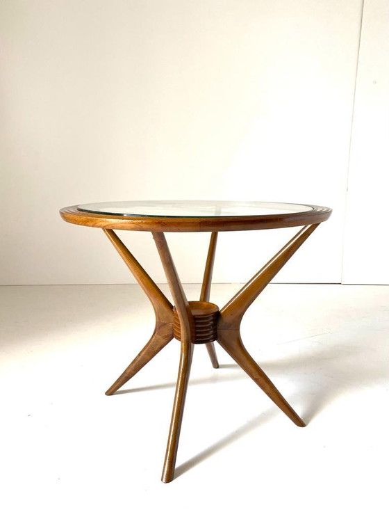 Image 1 of 1x Vintage Round Wood Coffee Tabe with Spider Legs by Paolo Buffa for Brugnoli