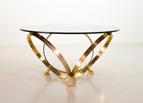 Image 1 of Mid-Century Design Knut Hesterberg Round Brass Coffee Table with Smoked Glass Top for Ronald Schmitt. Germany, 1970s. 