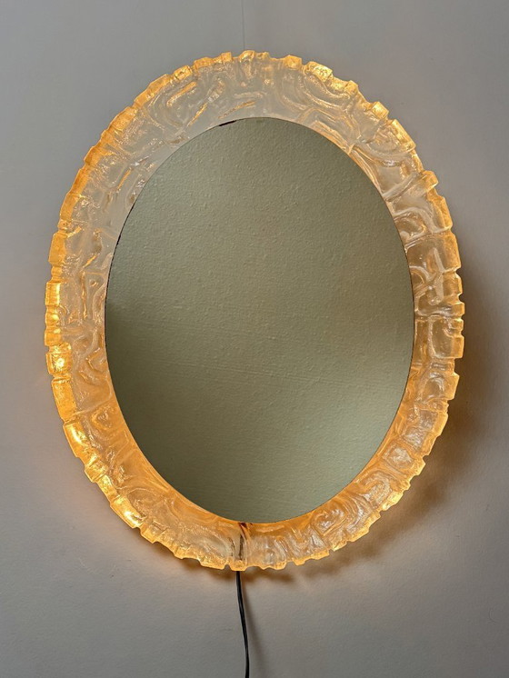 Image 1 of Large Mid-Century Backlit Sugar Glass Oval Mirror, Sculptural Illuminated Wall Mirror, Europe, 1960s–1970s